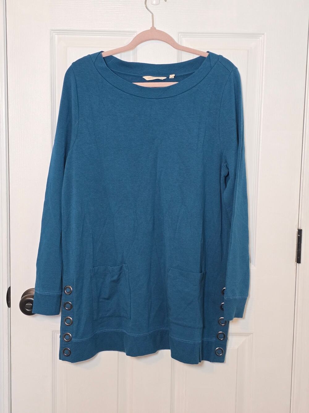 Soft Surroundings Teal Blue Long Sleeve Tunic Top Grommet Detail Relaxed Fit L